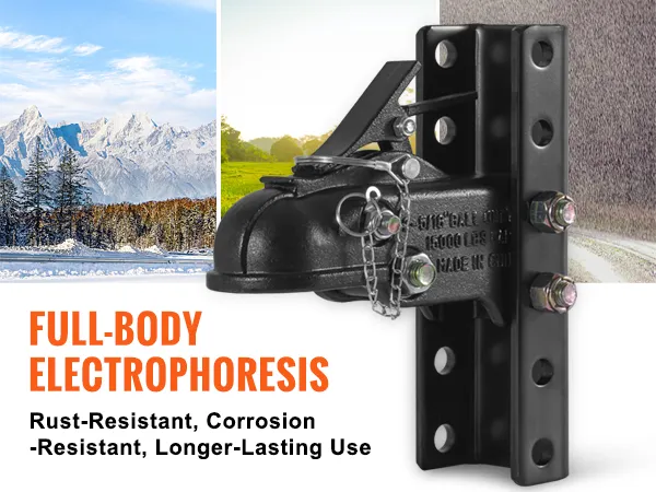 VEVOR adjustable trailer coupler with full-body electrophoresis, designed for rust and corrosion resistance.