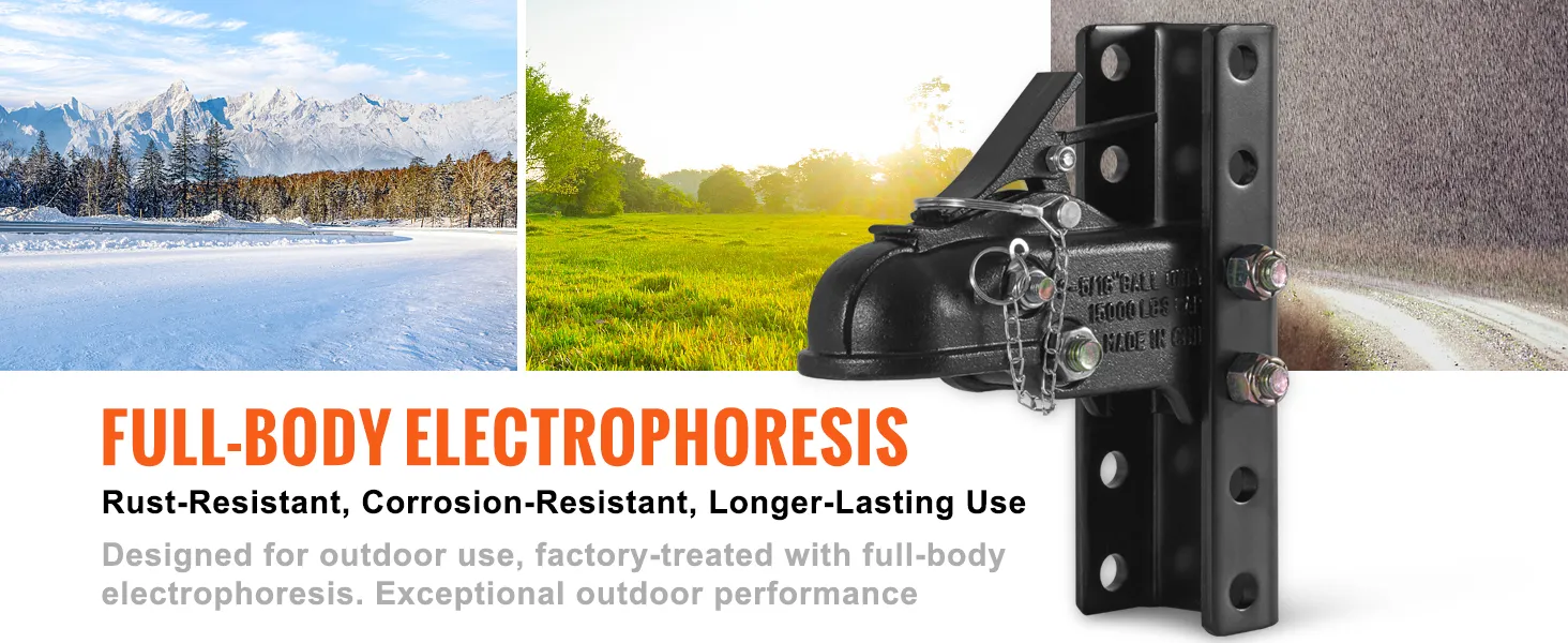 VEVOR adjustable trailer coupler with full-body electrophoresis, designed for rust and corrosion resistance.