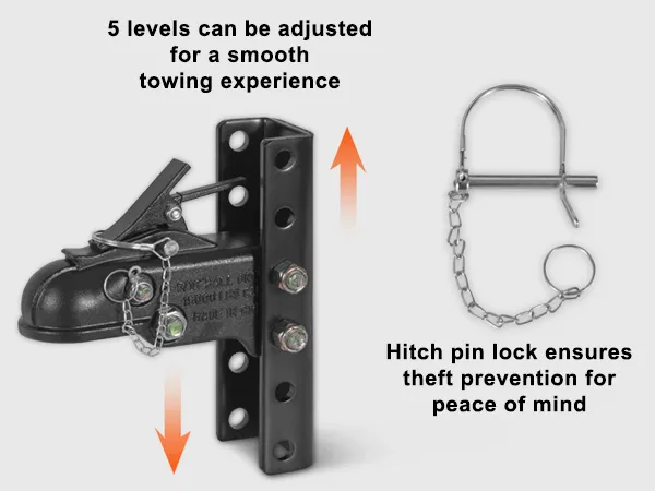 VEVOR adjustable trailer coupler with secure locking mechanism and hitch pin lock for theft prevention.