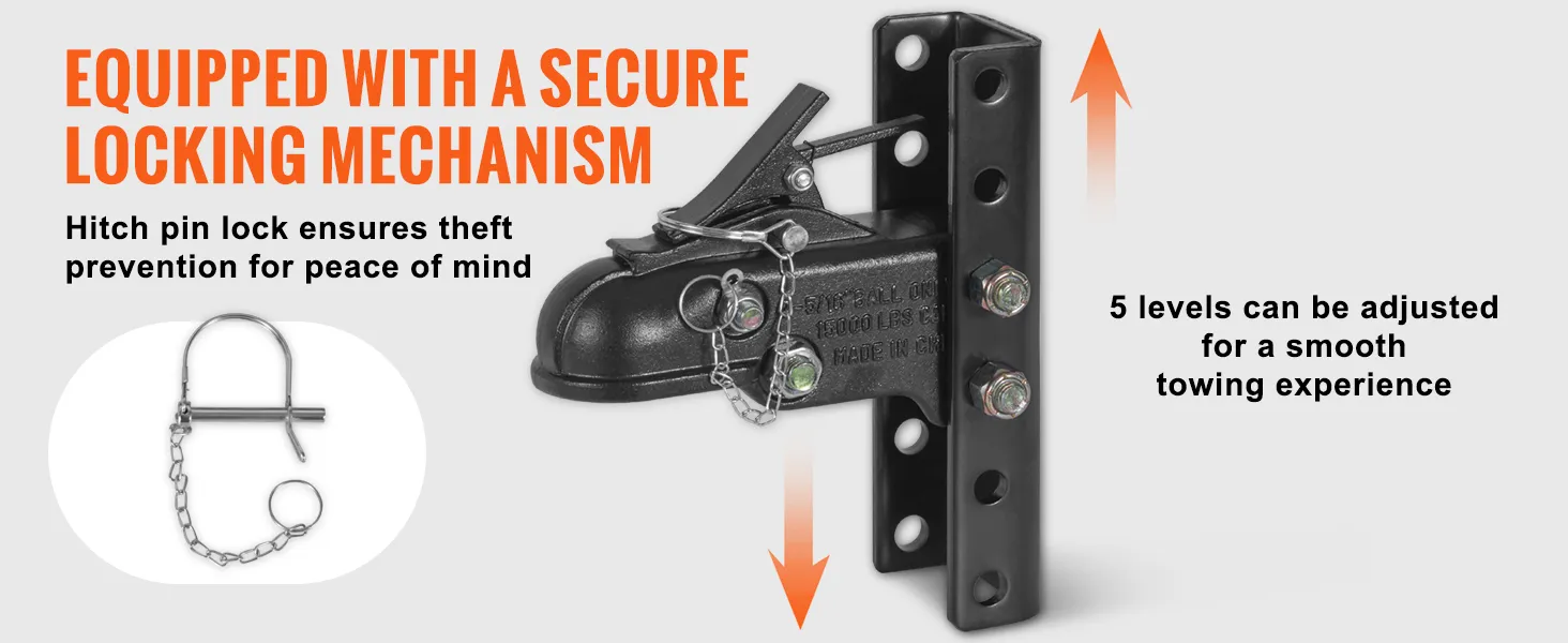 VEVOR adjustable trailer coupler with secure locking mechanism and hitch pin lock for theft prevention.