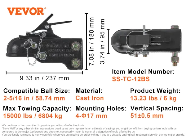 VEVOR adjustable trailer coupler, max towing 15000 lbs, compatible with 2-5/16 inch ball, cast iron.
