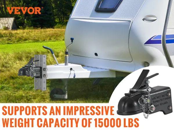 VEVOR adjustable trailer coupler supports a 15,000 lbs weight capacity, shown attached to a caravan.