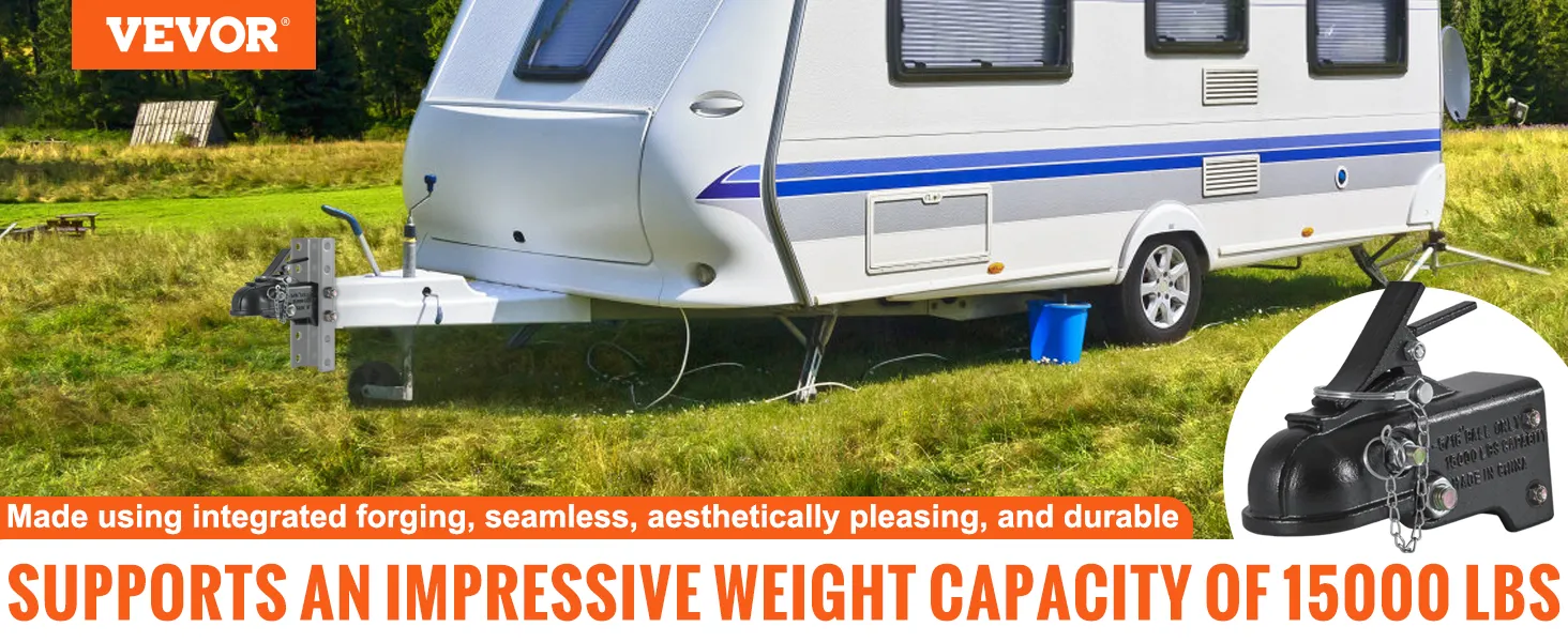 VEVOR adjustable trailer coupler supports a 15,000 lbs weight capacity, shown attached to a caravan.