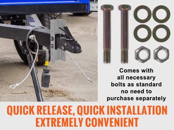 VEVOR adjustable trailer coupler installed on a trailer, with included bolts and washers for easy assembly.