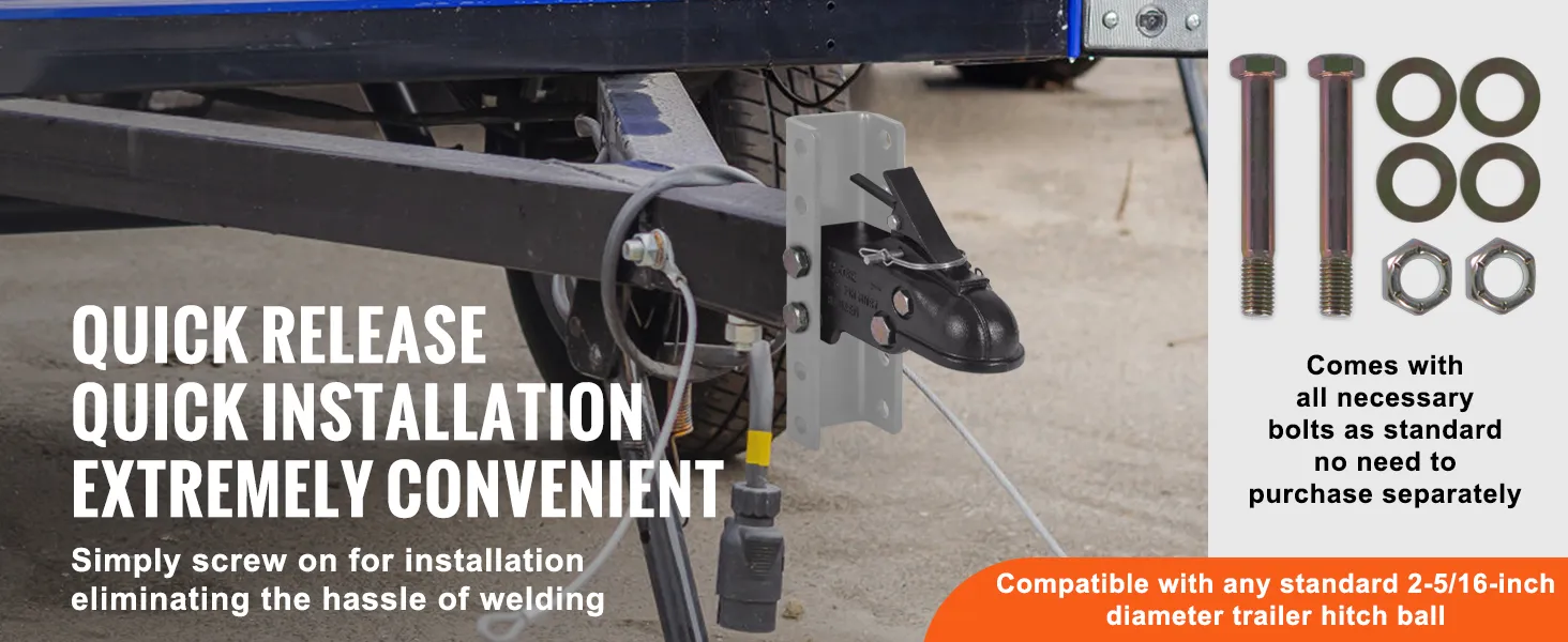 VEVOR adjustable trailer coupler installed on a trailer, with included bolts and washers for easy assembly.
