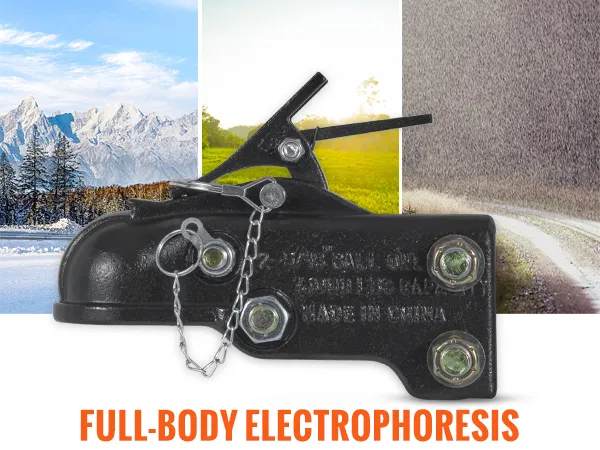 VEVOR adjustable trailer coupler with full-body electrophoresis, rust-resistant for all weather conditions.