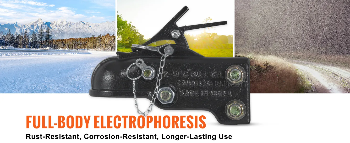 VEVOR adjustable trailer coupler with full-body electrophoresis, rust-resistant for all weather conditions.