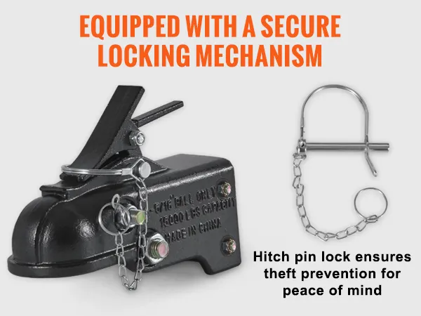 VEVOR adjustable trailer coupler with secure locking mechanism and hitch pin lock for theft prevention.