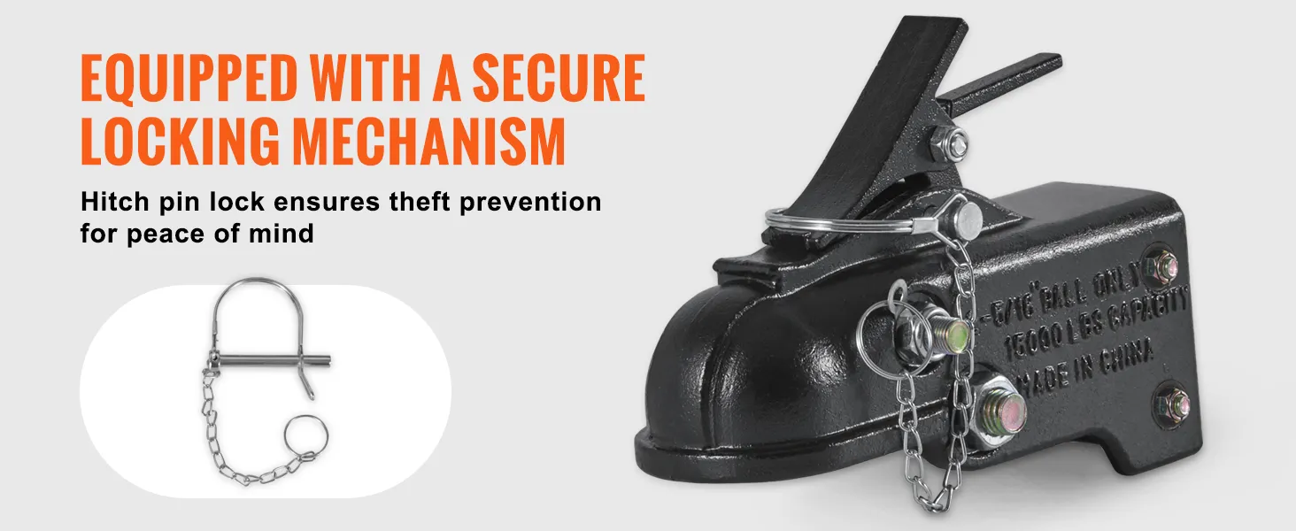 VEVOR adjustable trailer coupler with secure locking mechanism and hitch pin lock for theft prevention.