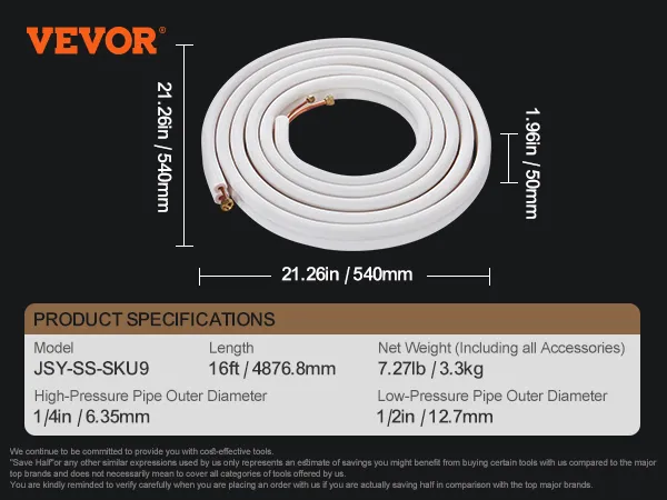 VEVOR mini split lijnset model jsy-ss-sku9, 16ft lengte met afmetingen en productspecificaties.
