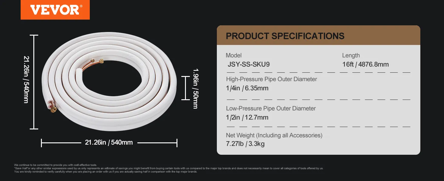 VEVOR mini split lijnset model jsy-ss-sku9, 16ft lengte met afmetingen en productspecificaties.