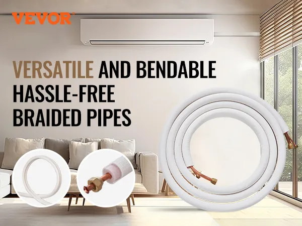 VEVOR mini split line set geïnstalleerd in een moderne woonkamer met grote ramen en zachte meubels.