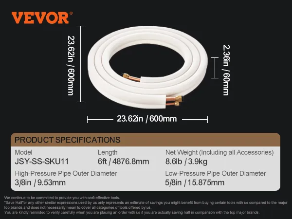 VEVOR mini split line set, 6ft length, with dimensions 23.62in diameter and 2.36in thickness.