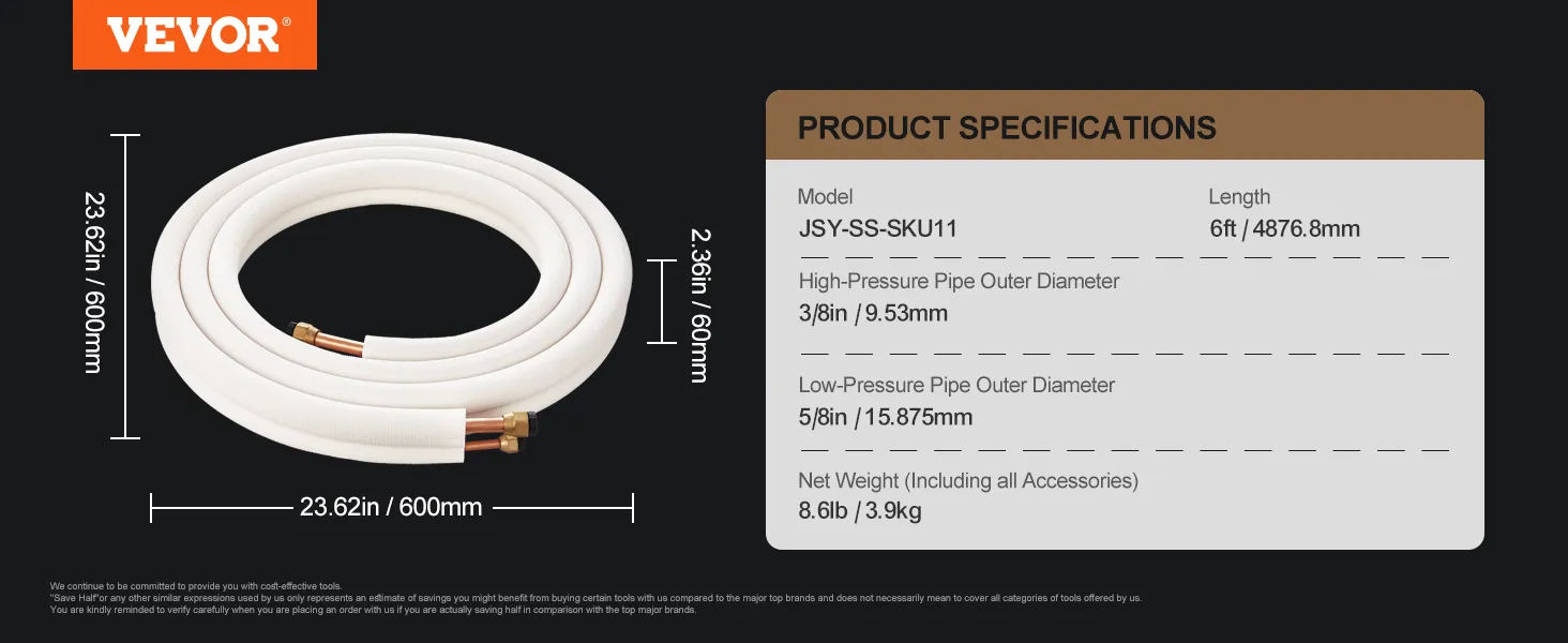 VEVOR mini split line set, 6ft length, with dimensions 23.62in diameter and 2.36in thickness.