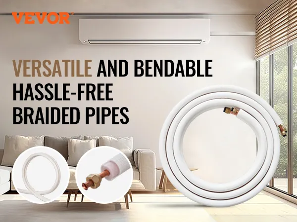 VEVOR mini split line set in a modern living room, highlighting versatile and bendable hassle-free braided pipes.