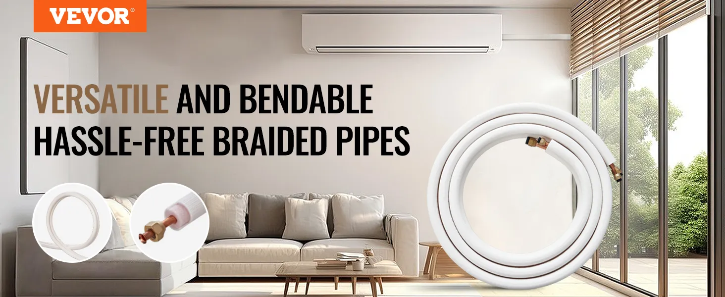 VEVOR mini split line set in a modern living room, highlighting versatile and bendable hassle-free braided pipes.