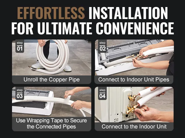 steps to install VEVOR mini split line set: unroll copper pipe, connect to units, secure with tape.