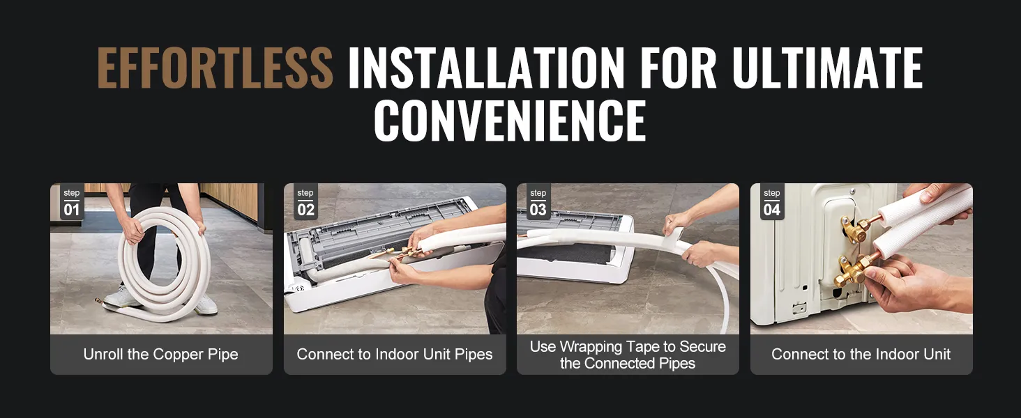 steps to install VEVOR mini split line set: unroll copper pipe, connect to units, secure with tape.