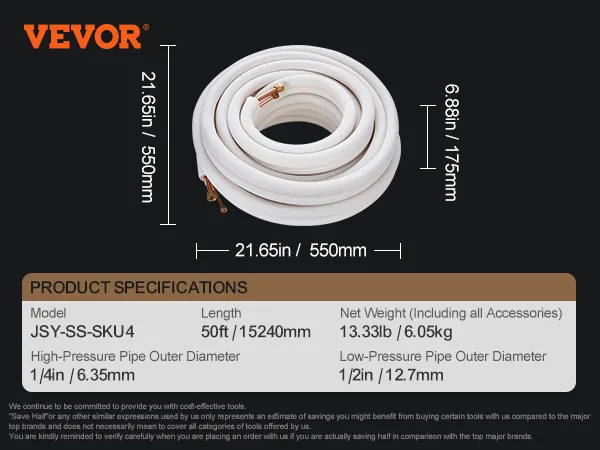 VEVOR mini split line set specifications: 50ft length, 1/4in hp pipe, 1/2in lp pipe, 13.33lb net weight.