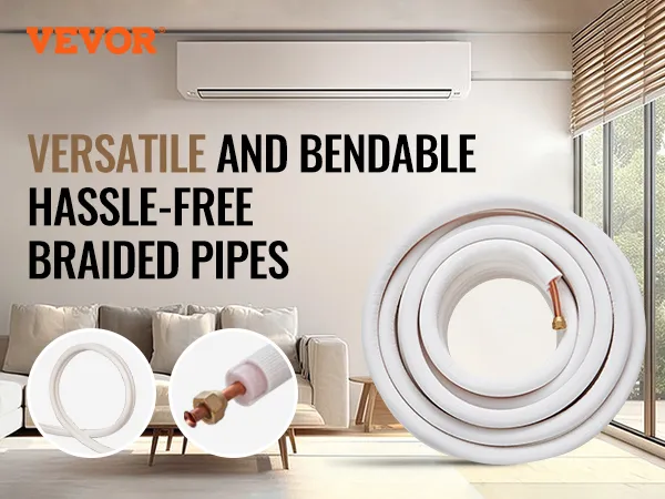 VEVOR mini split line set showcased in a modern living room with versatile and bendable braided pipes.