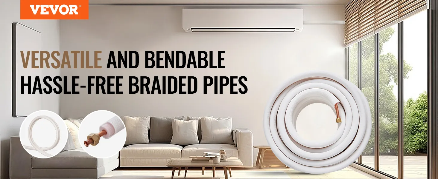 VEVOR mini split line set showcased in a modern living room with versatile and bendable braided pipes.