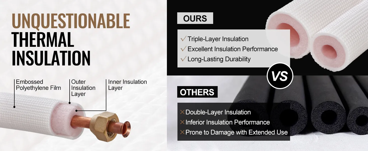 VEVOR mini split line set with triple-layer insulation, superior thermal performance, and durability comparison.