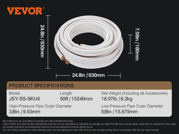 VEVOR mini split line set specifications: 50ft length, 3/8in high-pressure, and 5/8in low-pressure pipes.