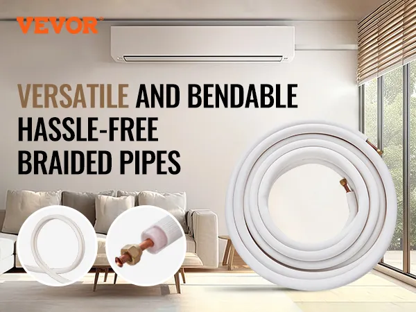 VEVOR mini split line set in a modern living room with large window, air conditioner, and coiled pipes.