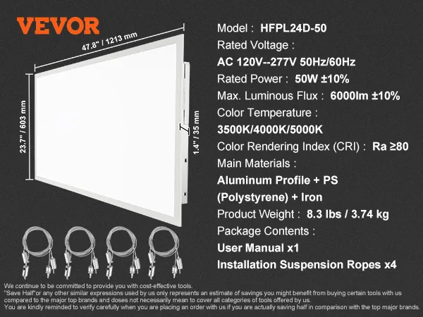 VEVOR led flat panel light specifications with dimensions, installation ropes, and user manual.