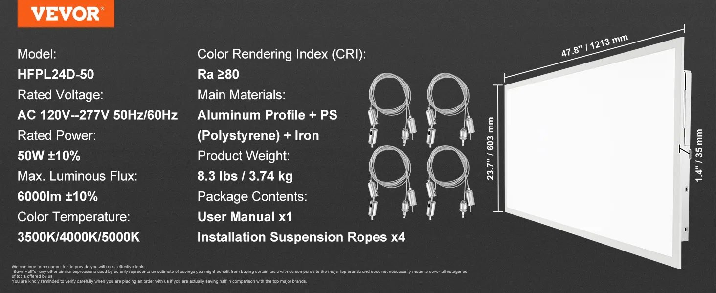 VEVOR led flat panel light specifications with dimensions, installation ropes, and user manual.