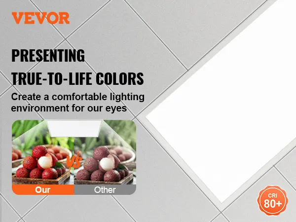 VEVOR led flat panel light presenting true-to-life colors with cri 80+ for eye comfort.