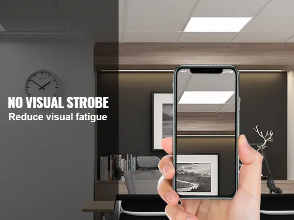 office with VEVOR led flat panel light, reducing visual strobe for comfort, hand holding phone in foreground.