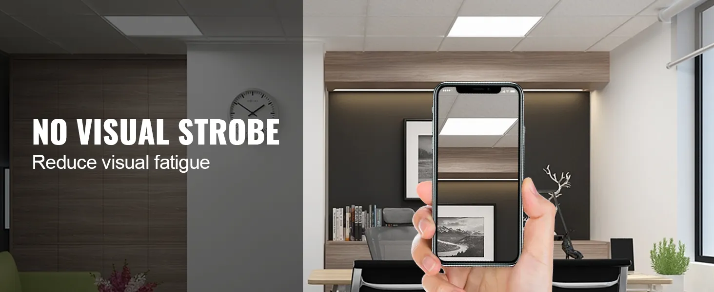 office with VEVOR led flat panel light, reducing visual strobe for comfort, hand holding phone in foreground.