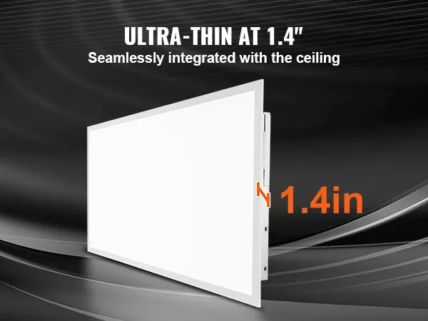 ultra-thin VEVOR led flat panel light seamlessly integrated with the ceiling, 1.4 inches thick.