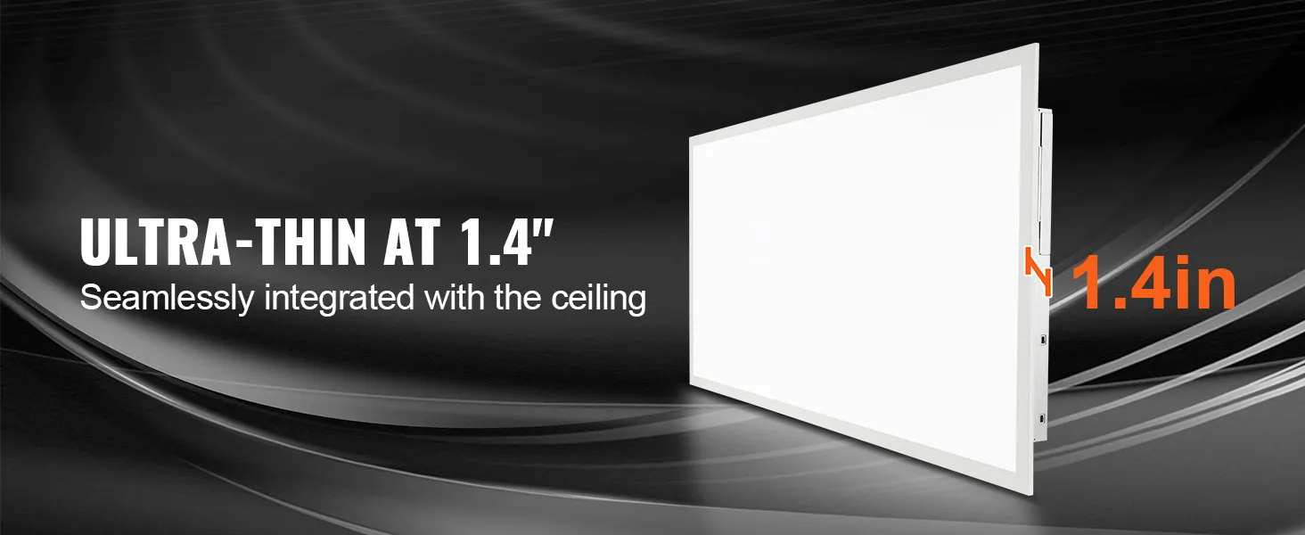 ultra-thin VEVOR led flat panel light seamlessly integrated with the ceiling, 1.4 inches thick.