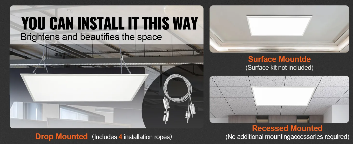 VEVOR led flat panel light installation options: drop mounted with ropes, surface mounted, and recessed mounted.