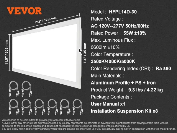 Especificaciones de la luz de panel plano LED VEVOR: 55 W, 6600 lm, 3500 K/4000 K/5000 K, 11,9" x 47,8", CRI ≥80, manual de usuario, kit de suspensión.
