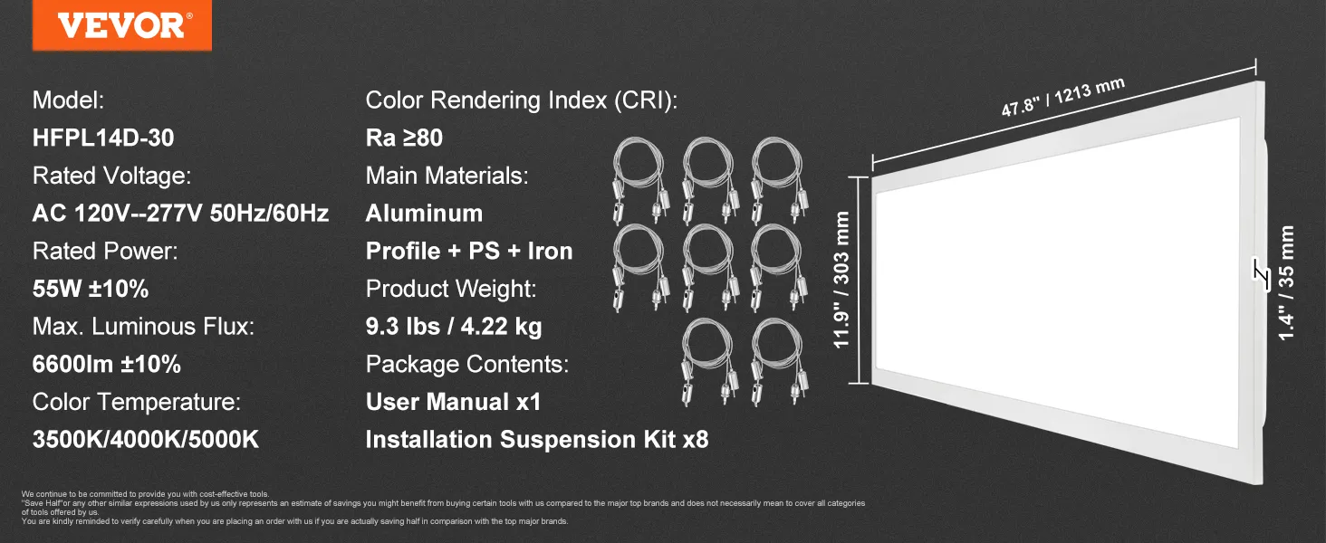 Especificaciones de la luz de panel plano LED VEVOR: 55 W, 6600 lm, 3500 K/4000 K/5000 K, 11,9" x 47,8", CRI ≥80, manual de usuario, kit de suspensión.