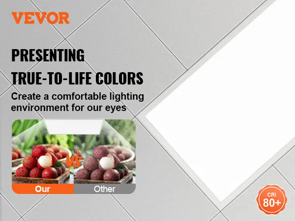 Luz de panel plano LED VEVOR que muestra colores realistas con CRI 80+ para un entorno de iluminación confortable.