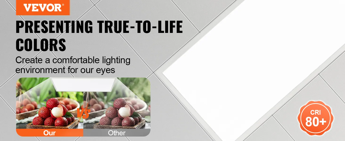Luz de panel plano LED VEVOR que muestra colores realistas con CRI 80+ para un entorno de iluminación confortable.