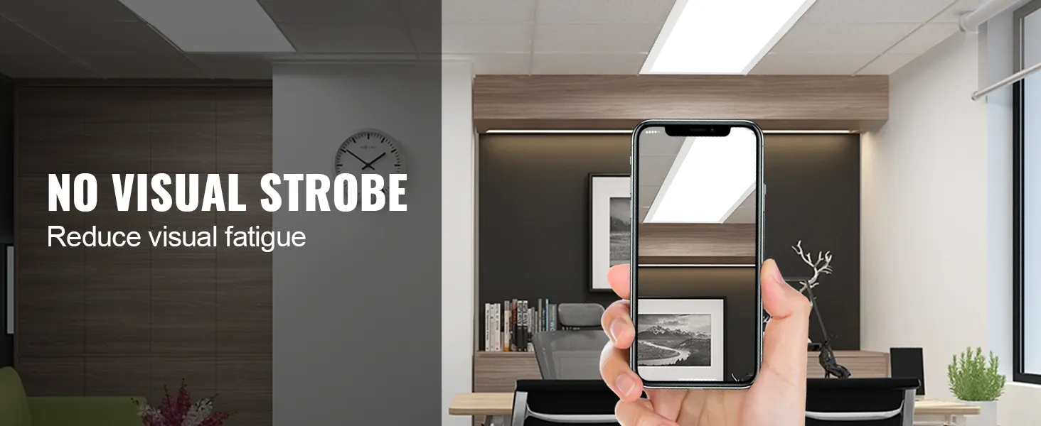 mano sosteniendo un teléfono inteligente que no muestra ningún efecto estroboscópico visual de la luz de panel plano LED VEVOR en la oficina.