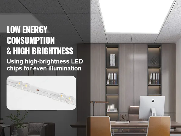 Oficina con luz de panel plano LED VEVOR instalada, que muestra una iluminación uniforme y chips LED de alto brillo.