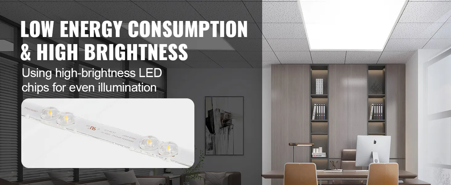 Oficina con luz de panel plano LED VEVOR instalada, que muestra una iluminación uniforme y chips LED de alto brillo.