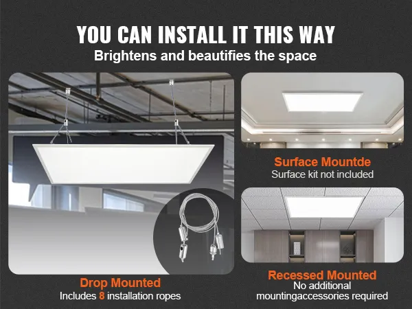 Opciones de instalación de iluminación de panel plano LED VEVOR: montaje en superficie, montaje empotrado.