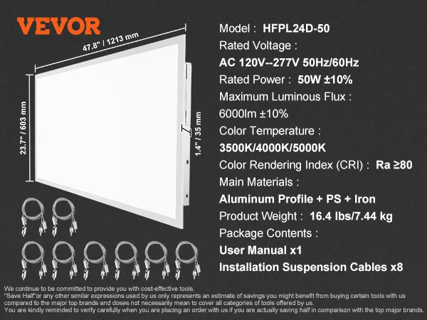 Especificaciones de la luz de panel plano LED VEVOR: 50 W, 6000 lm, 3500 K/4000 K/5000 K, RA ≥80, 47,8 x 23,7 pulgadas, 16,4 libras.