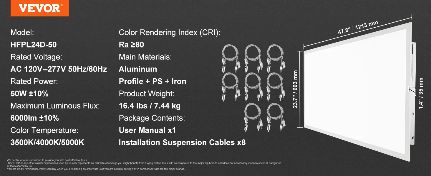 Especificaciones de la luz de panel plano LED VEVOR: 50 W, 6000 lm, 3500 K/4000 K/5000 K, RA ≥80, 47,8 x 23,7 pulgadas, 16,4 libras.