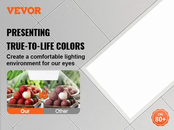 Luz de panel plano LED VEVOR que promueve colores realistas con CRI 80+ y una iluminación cómoda.