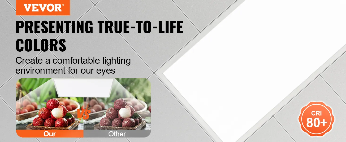 Luz de panel plano LED VEVOR que promueve colores realistas con CRI 80+ y una iluminación cómoda.