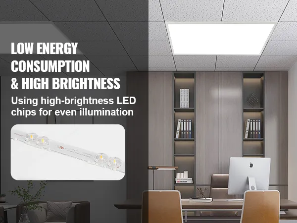 Lámpara de panel plano LED VEVOR de bajo consumo de energía en una oficina moderna con estantería y escritorio.