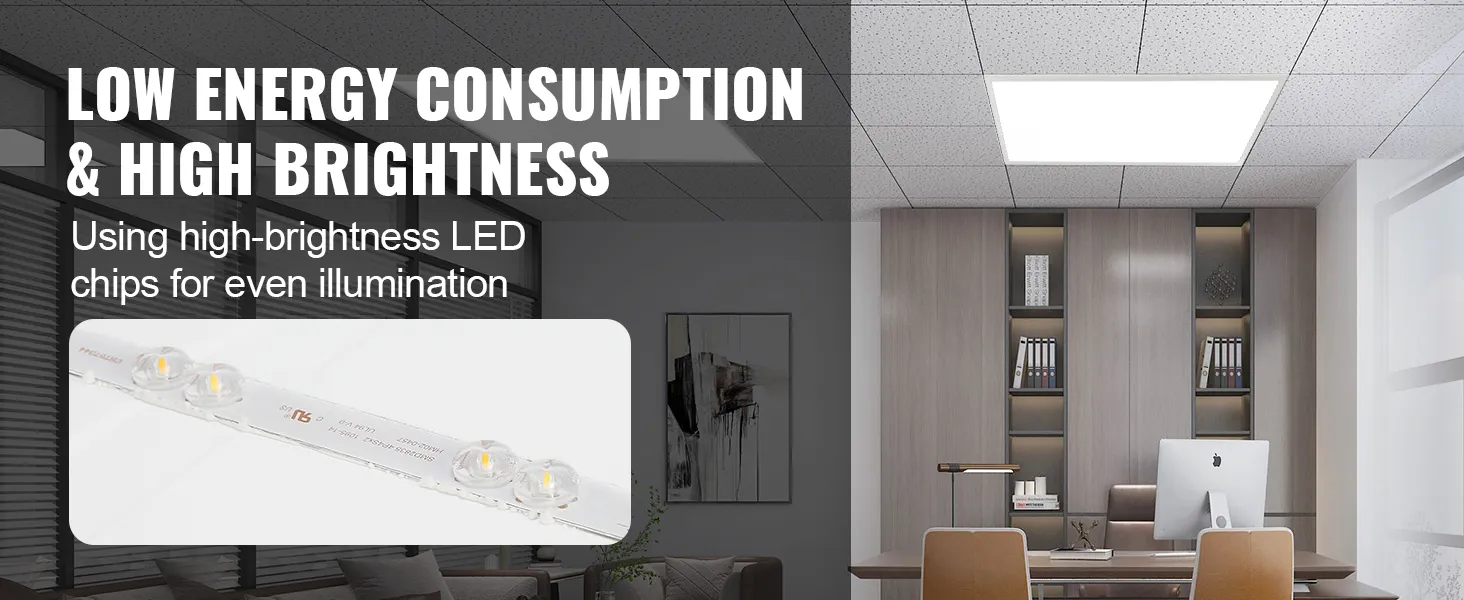 Lámpara de panel plano LED VEVOR de bajo consumo de energía en una oficina moderna con estantería y escritorio.